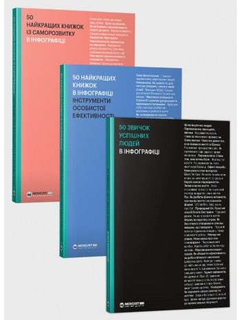 Комплект із трьох збірників в інфографіці: «50 найкращих книжок із саморозвитку», «50 найкращих книжок з особистої ефективності» та «50 звичок успішних людей» (українською) книга купить
